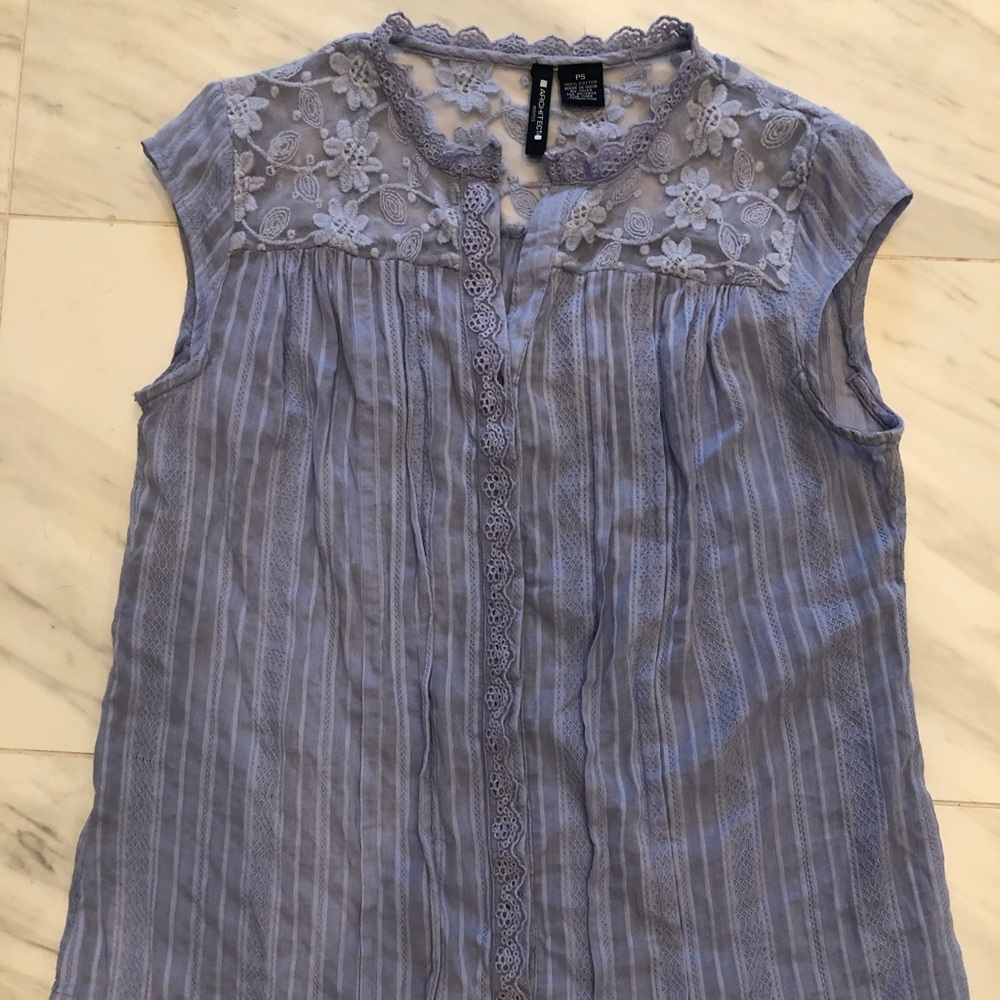 Cap-sleeve lavender blouse, lace yoke. Petites